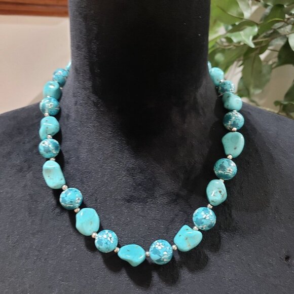 Women Blue Turquoise Gemstone Silver Beaded Necklace with Lobster Clasp - Picture 1 of 6
